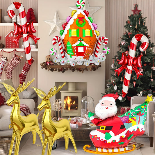 Christmas Balloon Set - 6Pc Jumbo Christmas Decorations with Standing Reindeer, Santa Sleigh, Candy Cane, Gingerbread House Aluminum Foil Balloons for Holiday Party Decor, Self-Sealing, 14+ Years