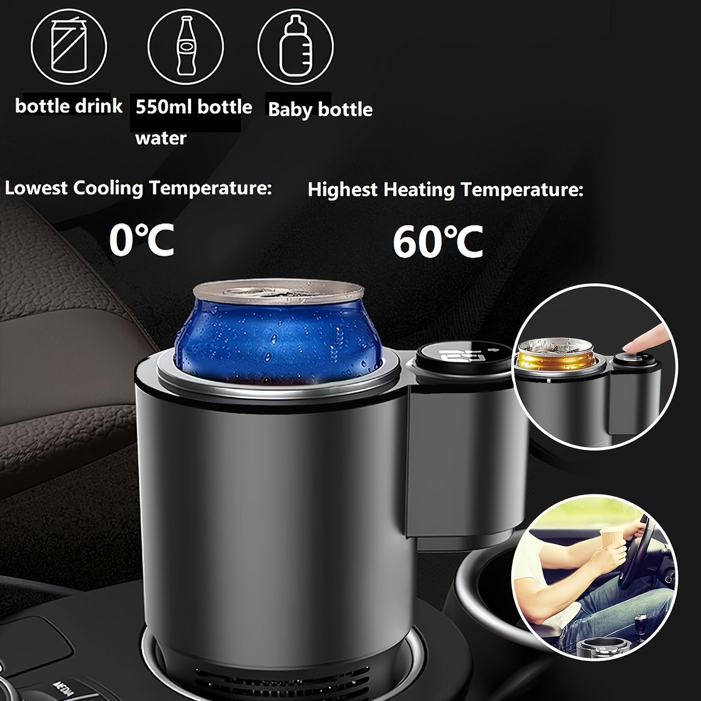 Smart Car Cup Cooler and Warmer, Semiconductor Beverage Holder with One-Click Temperature Control, Portable for Various Sized Bottles, 0°C to 60°C Range, Fits Standard Vehicle Cup Holders