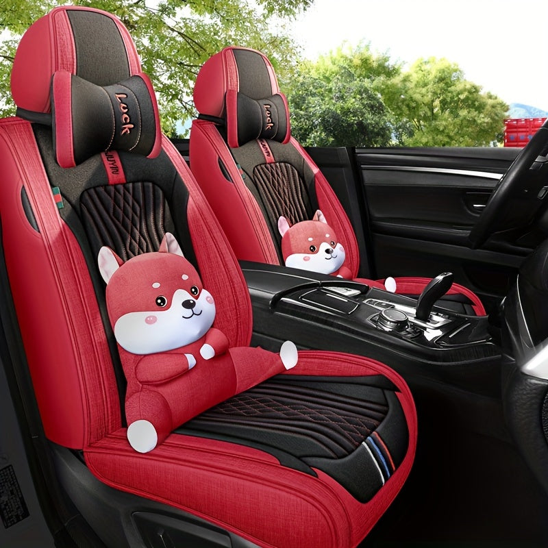 Four Seasons Universal Breathable Linen Cartoon Car Seat Cover Five Seats Special Cushion All-inclusive Fabric Seat Protector