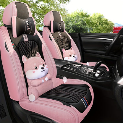 Four Seasons Universal Breathable Linen Cartoon Car Seat Cover Five Seats Special Cushion All-inclusive Fabric Seat Protector