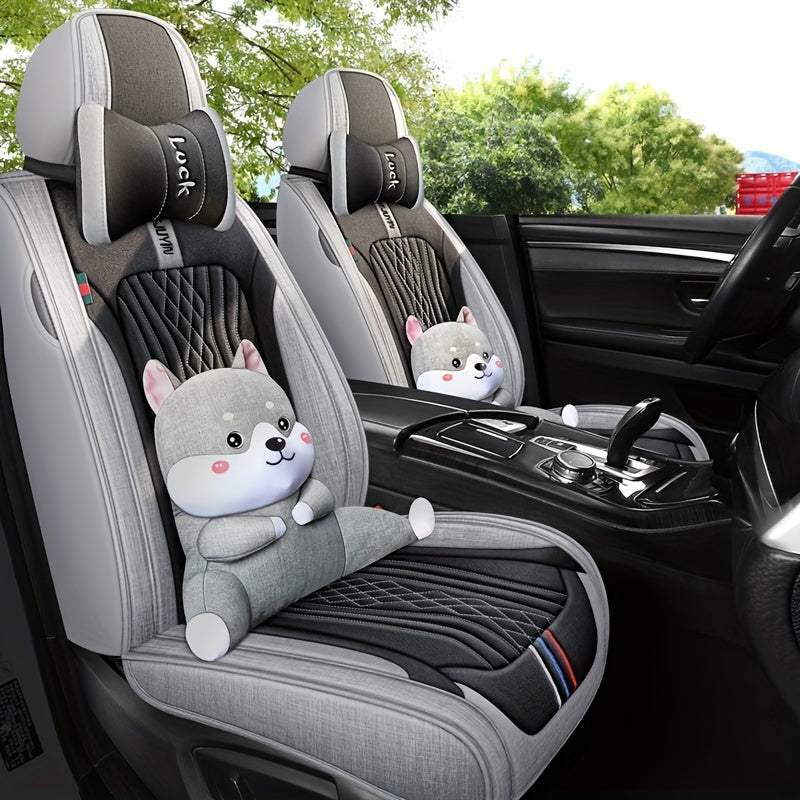 Four Seasons Universal Breathable Linen Cartoon Car Seat Cover Five Seats Special Cushion All-inclusive Fabric Seat Protector